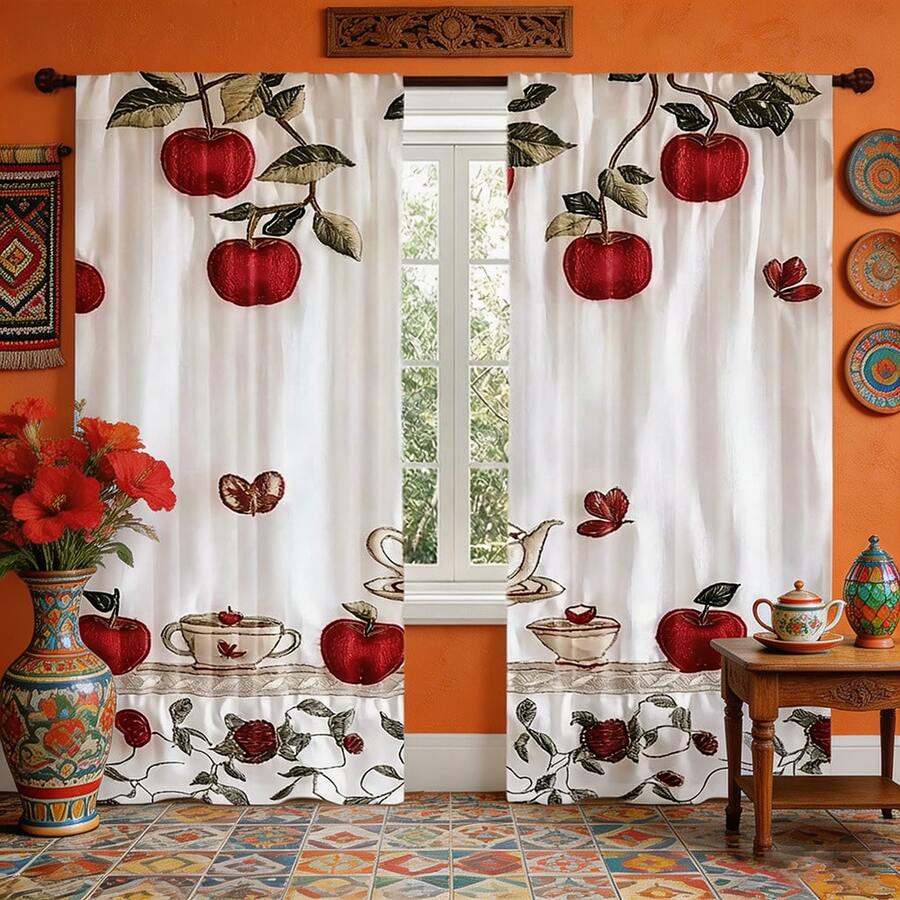 2pcs Fruit Embroidery Print Modern Curtains, 100% Polyester Fabric Durable, Suitable For Living Room, Bedroom, Kitchen, Bathroom Decor (Curtain Rods Not Included) - Multicolor - View 1