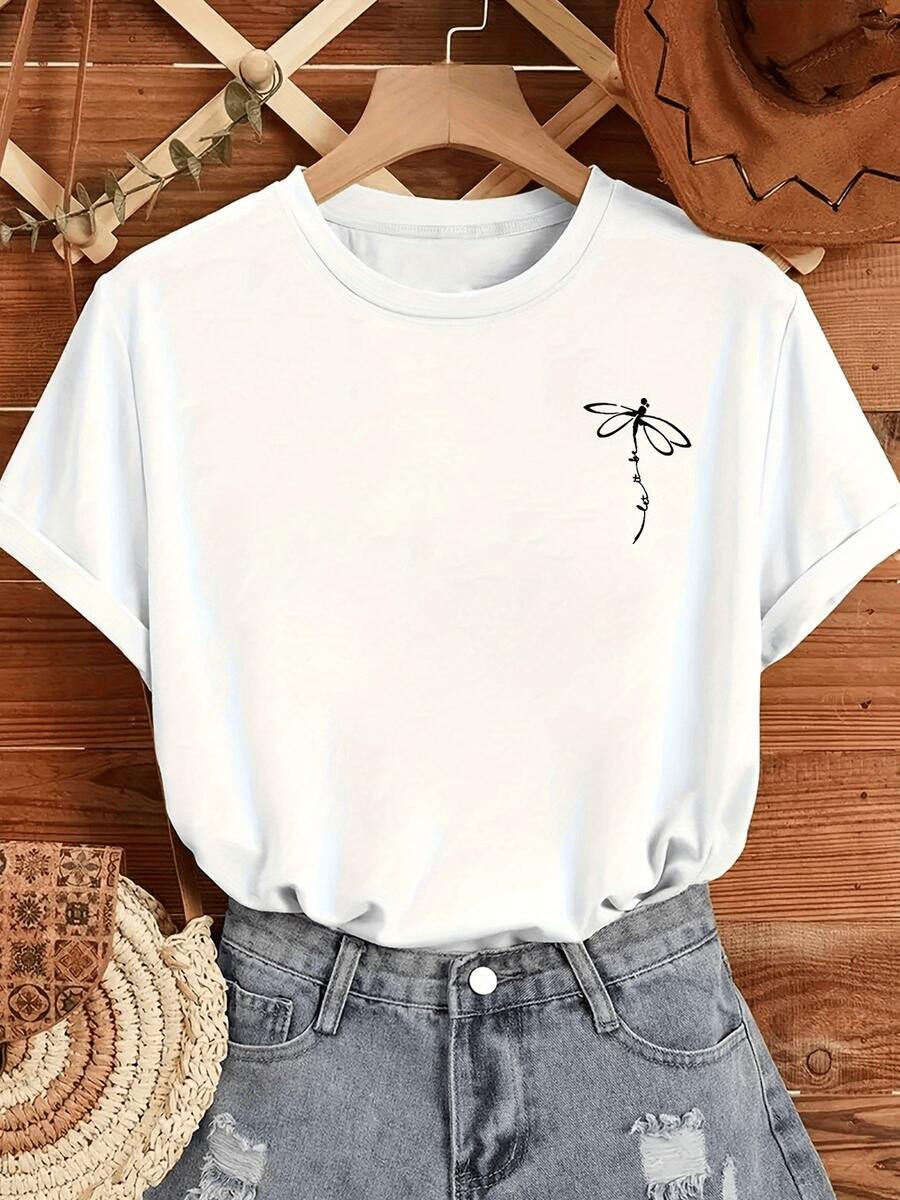 Dragonfly Representing Freedom, Hope And Transformation With A Minimalist Touch And Positive Energy. Modern Casual Women's T-Shirt For Everyday Wear, Comfortable And Versatile. - 白色 - 查看 1
