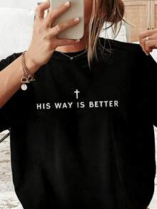 Cruz peque?a sobre palabras que inspiran confianza y esperanza mostrando un mensaje espiritual positivo sobre seguir el camino correcto camiseta de mujer casual cómoda para uso diario elegante y moderna - Negro - Ver 8