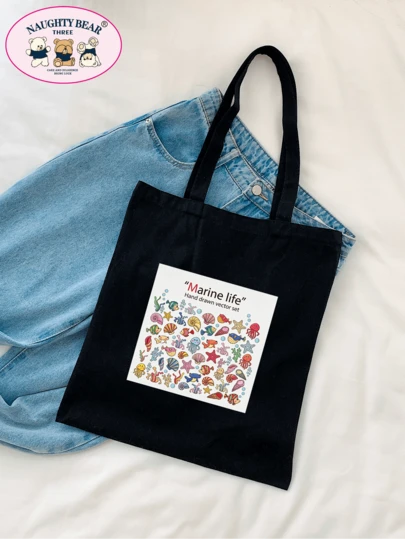 1pc Black Fashionable Cartoon Ocean Creature Print Canvas Tote Bag, Foldable Large Capacity Durable Handbag For School/Commute, Reusable Shopping Bag