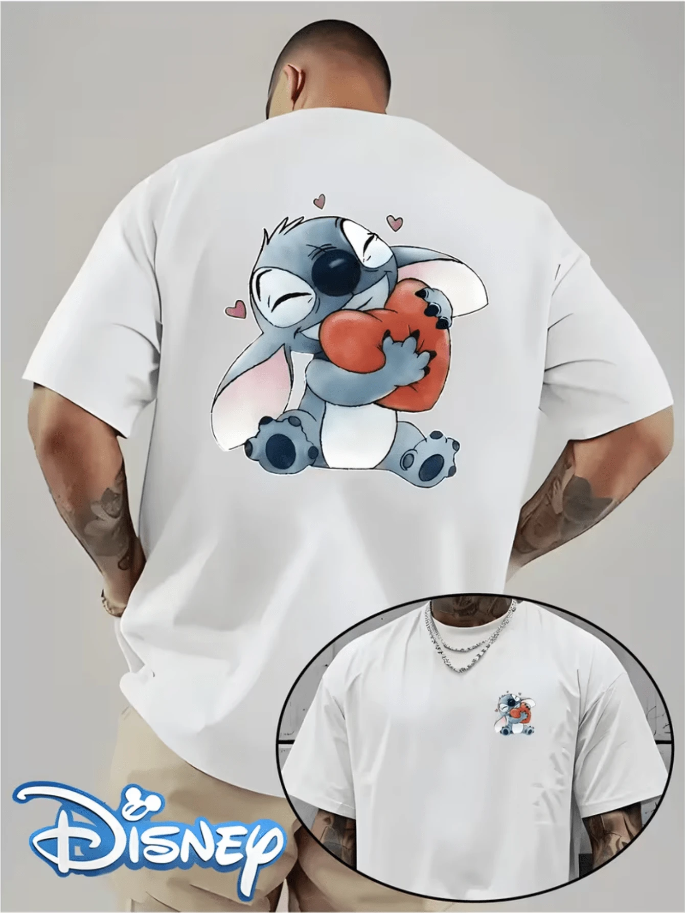 (Disney Licensed T Shirts)Disney Lilo & Stitch Stitch Hugging Heart Graphic Tee Men's Oversized Crew Neck Short Sleeve T-Shirt, Casual Streetwear With Cute Stitch Holding Red Heart Print, Adorable Alien Loose Fit Casual Top, Mens Clothes, Men, Ropa De Hombre, Summer Clothes, Men Shirts, Graphic Tees, Disney Outfits Men, Graphic Tees, Camisetas Para Hombre, Camisas Para Hombre, Summer Outfits For Men, Father's Day Gift, Perfect Gift For Family And Friends, Which Are Necessary For Birthday Parties, Disney Shirts, Mens Clothes, Summer Clothes, Officially Licensed Disney T-Shirts, Disney Men's And Women's Spring/Summer Fashion Casual Short-Sleeve T-Shirts, Disney Top - trắng - Xem 1