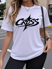 Symbol Of Spiritual Energy With The Word Cross Representing Inner Strength, Hope, And Personal Power, Ideal For A Modern, Casual, Elegant Women's T-Shirt Look. - 白色 - 查看 6