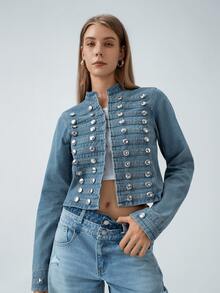 HZXVIC Áo khoác denim ngắn thời trang đường phố cổ đứng cài kim loại kiểu dáng retro mới dành cho nữ - Rửa trung bình - Xem 6