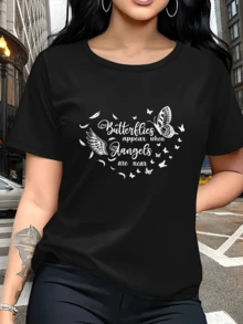 White Butterflies Surrounding Angel Wings Represent Hope And Spiritual Connection, Conveying Serenity And Protection In Every Detail. This Comfortable And Modern Casual Women's T-Shirt Is Perfect For Everyday Wear. - 黑色 - 查看 6