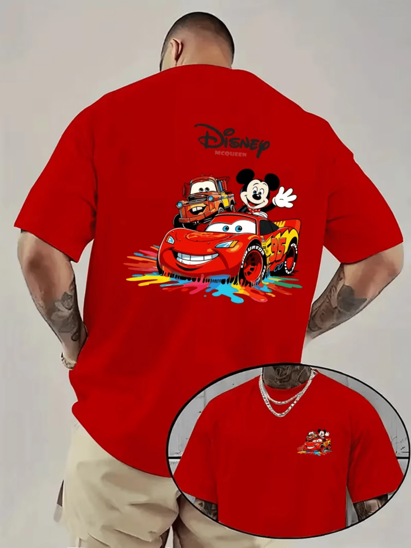 (Disney Licensed T Shirts)Disney PIXAR1 Cars Lightning McQueen & Mickey Mouse Crossover Graphic Tee Men's Oversized Crew Neck Short Sleeve T-Shirt, Casual Streetwear With Colorful Splatter McQueen & Mickey Print, Magical Racing Car Loose Fit Casual Top, Mens Clothes, Men, Ropa De Hombre, Summer Clothes, Men Shirts, Graphic Tees, Disney Outfits Men, Graphic Tees, Camisetas Para Hombre, Camisas Para Hombre, Summer Outfits For Men, Father's Day Gift, Perfect Gift For Family And Friends, Which Are Necessary For Birthday Parties, Disney Shirts, Mens Clothes, Summer Clothes, Officially Licensed Disney T-Shirts, Disney Men's And Women's Spring/Summer Fashion Casual Short-Sleeve T-Shirts, Disney Top - Đỏ - Xem 1