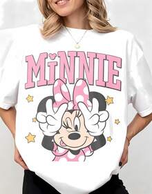 Disney Cute Minnie Mouse Peace Sign Tops De Mujer, Summer Tops For Women, Playful Pink Graphic Tee, Casual Cotton Short Sleeve, Vacation Outfits Women, Whimsical Summer Outfits For Women - White - View 1