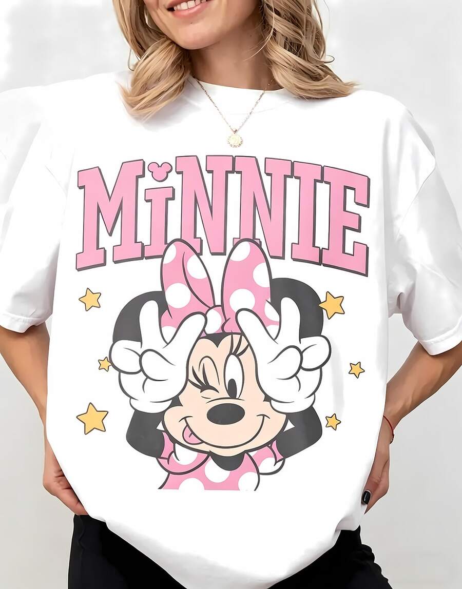 Disney Cute Minnie Mouse Peace Sign Tops De Mujer, Summer Tops For Women, Playful Pink Graphic Tee, Casual Cotton Short Sleeve, Vacation Outfits Women, Whimsical Summer Outfits For Women - White - View 1