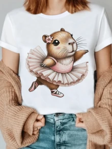 A Charming Squirrel In A Pink Tutu Symbolizes The Joy Of Dance And Natural Grace, Conveying Tenderness And Positive Energy. A Comfortable, Casual, Short-Sleeved Women's T-Shirt For Everyday Wear. - 白色 - 查看 6