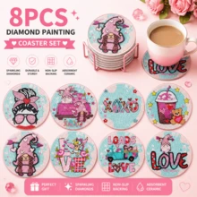 8件套粉色浪漫DIY钻石画杯垫套装,圆形高光泽钻石表面,强力背胶,工具齐全,适合初学者,减压手工,新年、情人节、圣诞节、教师节礼物,家居装饰桌面饮料杯垫,送给家人、朋友、女朋友 - 彩色 - 查看 2