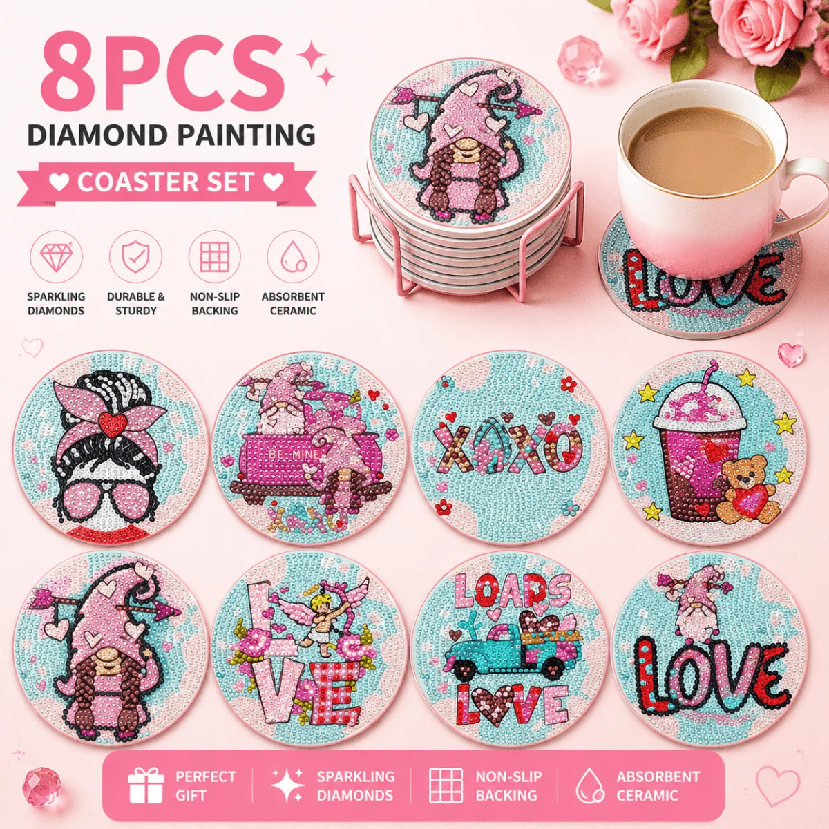 8件套粉色浪漫DIY钻石画杯垫套装，圆形高光泽钻石表面，强力背胶，工具齐全，适合初学者，减压手工，新年、情人节、圣诞节、教师节礼物，家居装饰桌面饮料杯垫，送给家人、朋友、女朋友