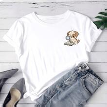 Women's Printed T-Shirt With Cute Cartoon Puppy Graphic And Accessories - Casual Short Sleeve Crew Neck T-Shirt, Relaxed Fit For All Seasons, Perfect For Everyday Wear And Holidays, Machine Washable. - 白色 - 查看 1