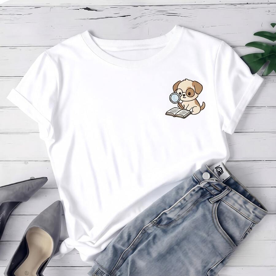 Women's Printed T-Shirt With Cute Cartoon Puppy Graphic And Accessories - Casual Short Sleeve Crew Neck T-Shirt, Relaxed Fit For All Seasons, Perfect For Everyday Wear And Holidays, Machine Washable. - 白色 - 查看 1