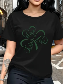 Green Clover With The Words Hope, Faith, And Love, Symbolizing Good Luck, Positive Energy, And Confidence In Life. Comfortable Casual Women's T-Shirt For Everyday Wear. - 黑色 - 查看 6