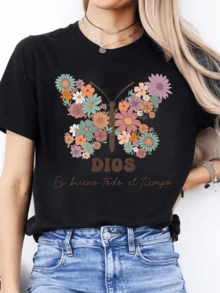 Butterfly Formed By Colorful Flowers Symbolizing Hope, Faith, And Divine Goodness. Message: God Is Good All The Time. Casual, Comfortable, And Modern Women's T-Shirt For Everyday Wear. - 黑色 - View 1