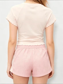 Pantalones cortos de talle alto con estampado de cuadros rosas y ribete de encaje lateral - Pantalones cortos de playa informales de verano para mujer - Rosa - Ver 5