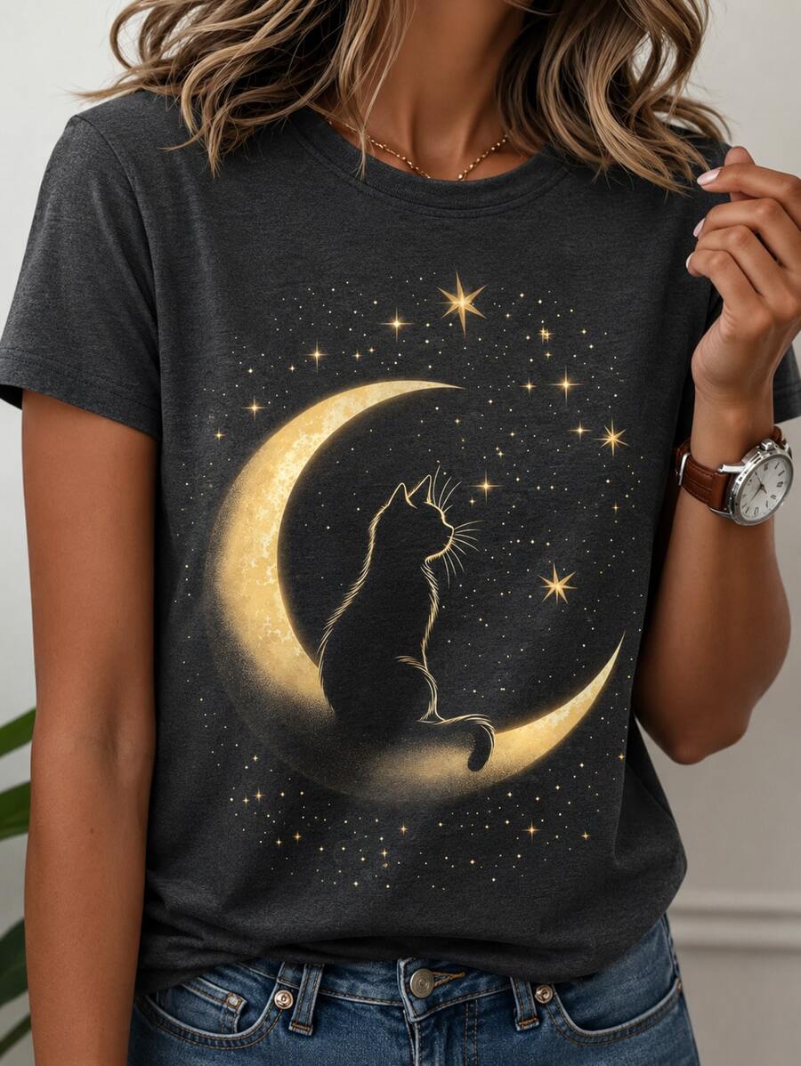 Women's 100% Cotton Casual Unisex Shirt With Cat And Moon Print, Round Neck, Comfortable Summer Style! - 深灰色 - 查看 1