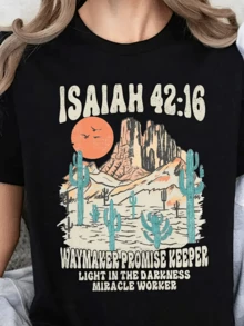 Desert Landscape With Majestic Mountains Under An Intense Sun Surrounded By Green Cacti That Represent Strength, Serenity And Hope, Accompanied By Words That Inspire Light In The Darkness And Deep Faith. Comfortable Casual Women's T-Shirt For Everyday Wear - 黑色 - 查看 6