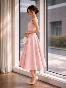 Women's Midi Dress With Square Neckline And Defined Waist | Elegant Midi Dress | Tailored Style | Defined Waist | Perfect Mother's Day Gift - Rosa Rosé - 查看 3