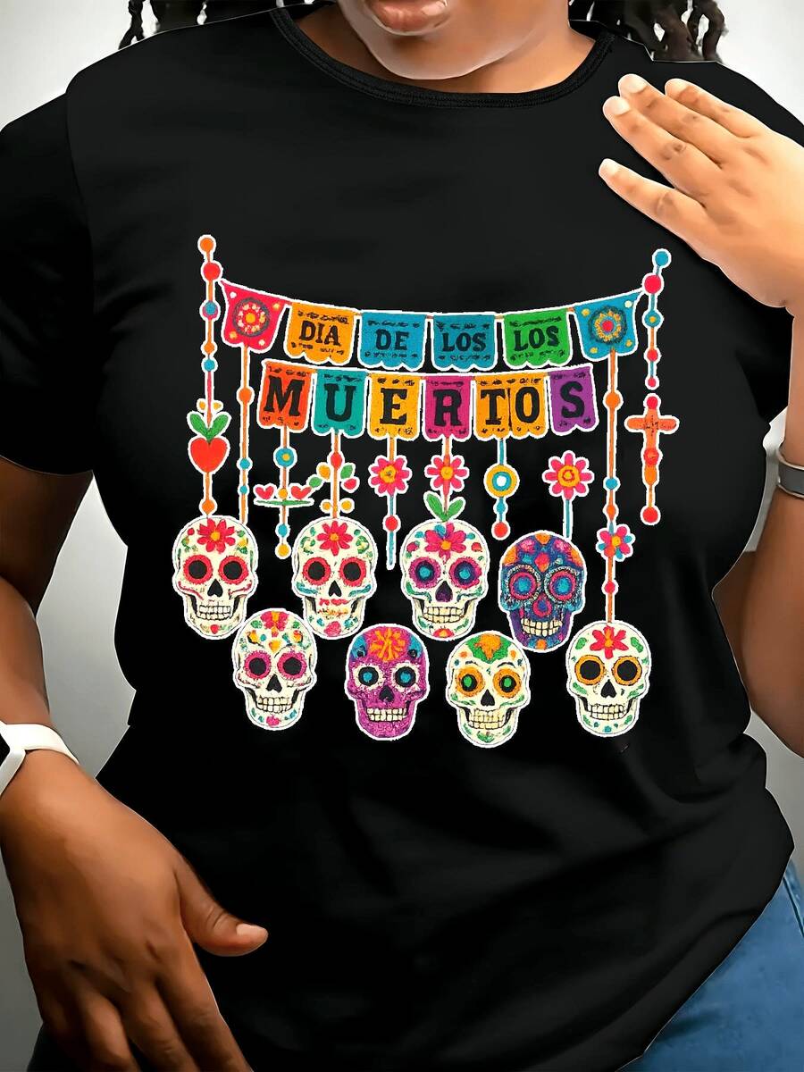 Plus Size - Plus Size - New 2025 Short Sleeve T-Shirt With A Versatile Printed Design, Made Of Micro-Elastic Lax Fabric In The Fashionable INS Style - 黑色 - 查看 1