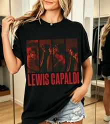 Lewis Capaldi Red Collage Retro Pop Print 100% Cotton T-Shirt - Black - View 1