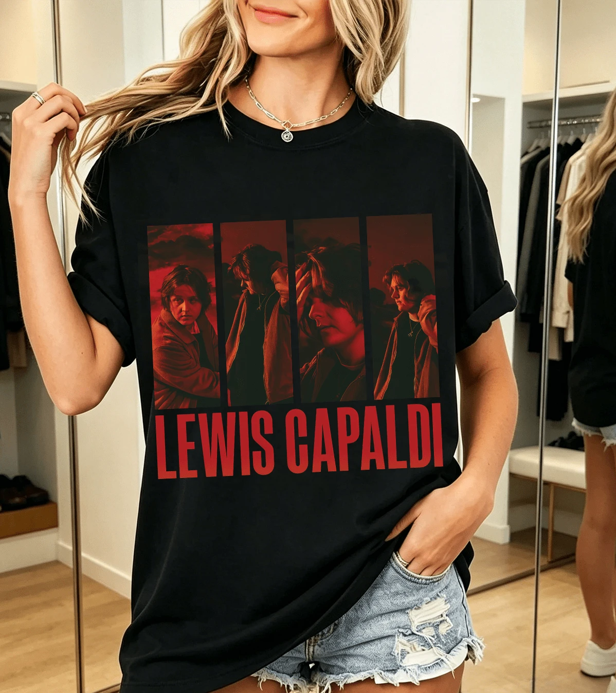 Lewis Capaldi Red Collage Retro Pop Print 100% Cotton T-Shirt - Black - View 1