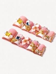 10pcs Bright Y2K Handmade Short Duck Acrylic Press On Nails,Pink Jelly Glossy,With White French Tip, Gold Butterfly Charm,3D Flower Decor,Pearl Rhinestone Gem Decor,Unique Nail Set For Wedding, Daily Wear,Summer Vacation Party - Follow Your Heart - 查看 10