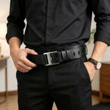 1 chiếc thắt lưng nam da thường ngày khóa cài, thắt lưng ngang lỗ phong cách retro trẻ trung - màu đen - Xem 3