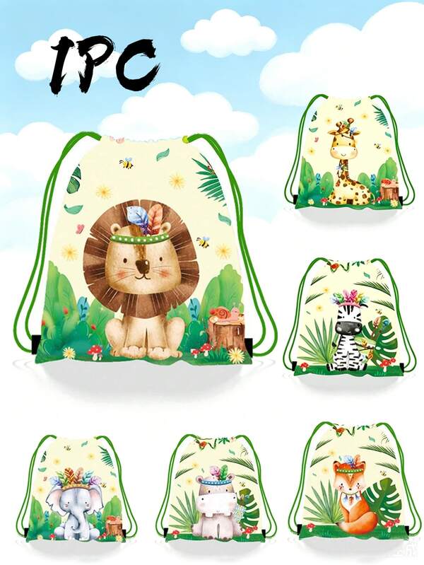 1 pieza Mochila con cordón, con un total de 6 estilos. Los patrones presentan principalmente animales de dibujos animados, incluyendo leones, jirafas, cebras, elefantes, hipopótamos y zorros, combinados con elementos como flores, plantas y abejas. Tienen colores brillantes y un estilo infantil, adecuados para el uso diario de los niños o como bolsas de almacenamiento lindas.