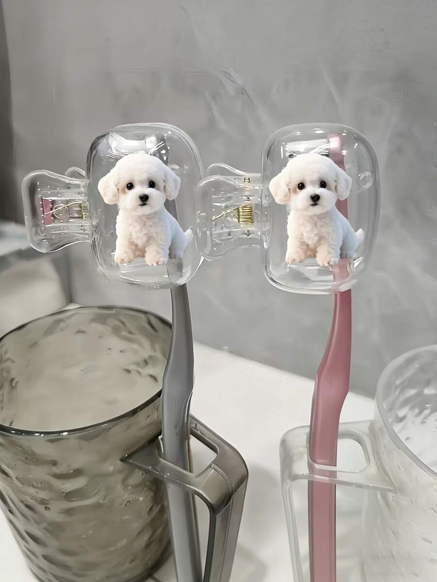 Cute Poodle Puppy Pattern Portable Toothbrush Holder Set, Suitable For Home And Travel Use. Adorable Travel Toothbrush Holder, Travel Essential, Cute Design, Fashionable Storage, Durable Protection, Toothbrush Case, Household, Oral Care Accessory. - Multicolor - View 1