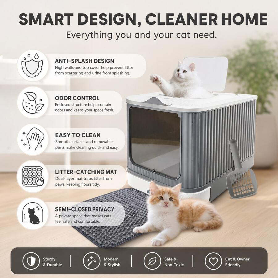 White Gray Semi-Closed Cat Litter Box, 50*35*35cm Anti-Splash Pull-Out Cat Toilet With Scoop And Litter Mat For Small And Medium Cats - White Grey - View 1
