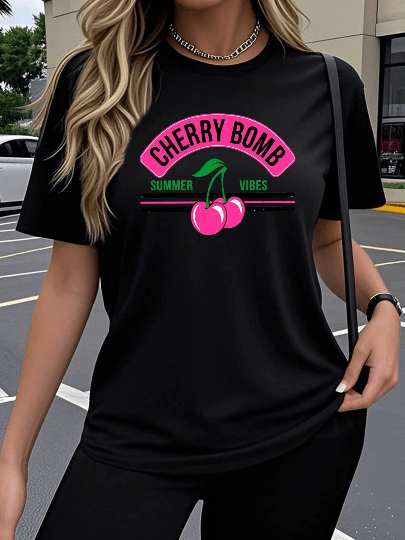 Pink Cherries Glowing With Youthful Energy Evoke Optimism, Fun, And Summer Freshness. Vibrant Lettering Conveys A Modern And Cheerful Positive Attitude. Comfortable Casual Women's T-Shirt For Everyday Wear. - 黑色 - 查看 1