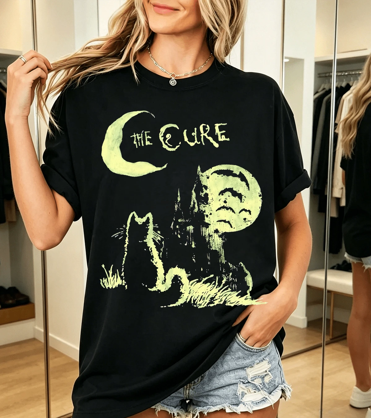 100% Cotton The Cure Cat And Moon Light Green Gothic Rock T-Shirt - Black - View 1