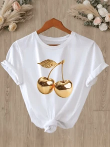 Two Golden Cherries Joined By A Bright Stem Symbolize Vital Energy, Elegance, And Feminine Sweetness, Reflecting Confidence And Joy. A Modern, Attractive, Casual Women's T-Shirt For Everyday Wear. - 白色 - 查看 1