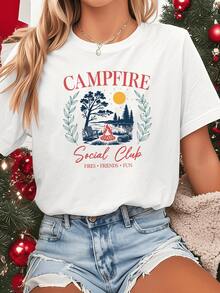 Landscape With Bright Sun, Tall Trees, A Fire Burning By The Lake Symbolizing Friendship, Nature, And Warmth-Perfect For Gatherings And Happy Moments. Comfortable Casual Women's T-Shirt For Summer. - 白色 - 查看 1