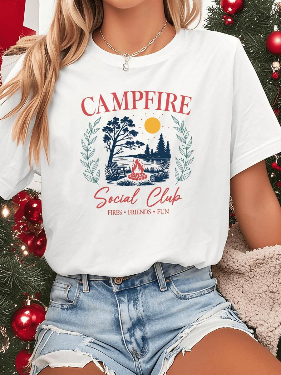Landscape With Bright Sun, Tall Trees, A Fire Burning By The Lake Symbolizing Friendship, Nature, And Warmth-Perfect For Gatherings And Happy Moments. Comfortable Casual Women's T-Shirt For Summer. - 白色 - 查看 1
