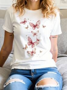 Pink Butterflies Symbolizing Freedom And Renewal Dance In The Air Accompanied By Golden Sparkles Evoking Hope And Femininity. Comfortable Casual Women's T-Shirt For Everyday Wear - 白色 - 查看 1
