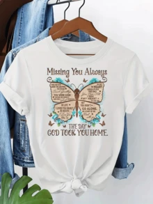 Butterfly With Words Of Eternal Love Symbolizing The Union Of The Soul And The Memory Of A Loved One, Carrying A Message Of Spiritual Comfort And Hope. Comfortable Casual White Women's T-Shirt For Everyday Wear. - 白色 - 查看 6