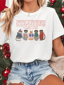 Gatos con aspecto misterioso que evocan una sensación de aventura y amistad en un mundo fantástico lleno de encanto camisetas de mujer casual moderna cómoda para uso diario - Blanco - Ver 6