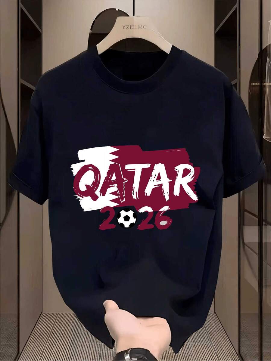 Officially Licensed World Cup Solid Color Print Short-Sleeve T-Shirt, Made Of Breathable Mesh, Slim Fit, Loose Style, Anniversary Or Birthday Gift, Men's Summer Clothing. - 黑色 - 查看 1