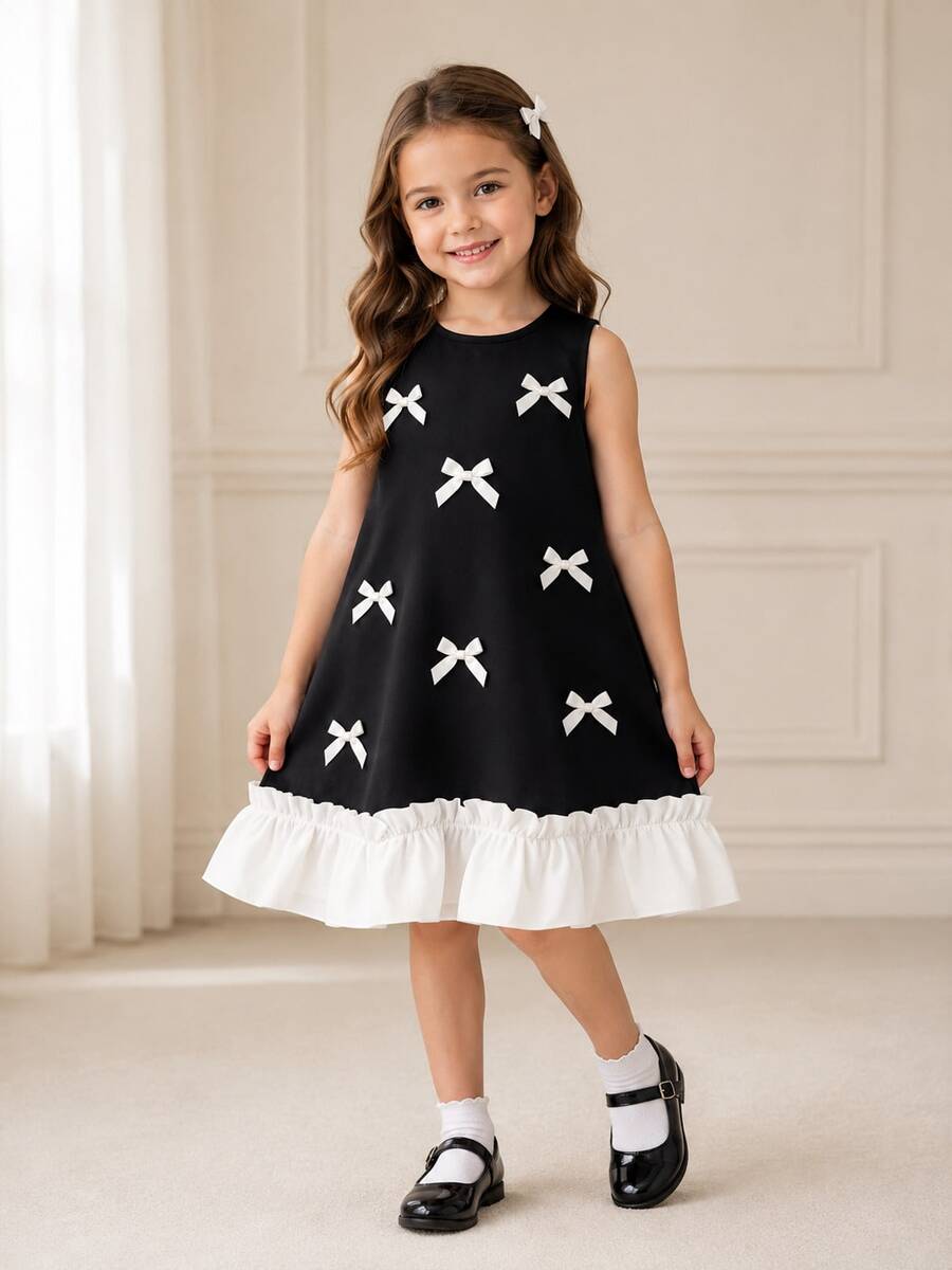 Vestido elegante para niñas de 4 a 8 años - Vestido negro sin mangas de línea A con lazo blanco aplicado y dobladillo con volantes | Adecuado para fiestas, bodas u ocasiones especiales - Negro - Ver 1