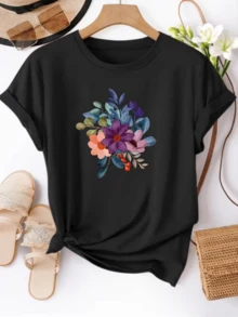 Vibrant Flowers Symbolizing Feminine Energy And Connection With Nature Form A Harmonious Bouquet With Warm Tones And Blue Leaves. Comfortable, Modern Women's T-Shirt For Everyday Wear. - 黑色 - 查看 8