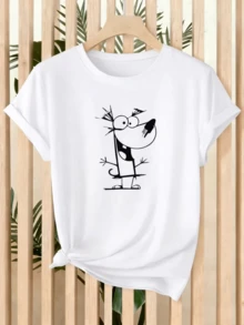 Funny Cat With A Cheerful Expression That Conveys Humor And Positive Energy With Simple And Modern Lines That Evoke Spontaneity And Artistic Style. Casual And Comfortable Women's T-Shirt For Everyday Wear. - 白色 - 查看 1