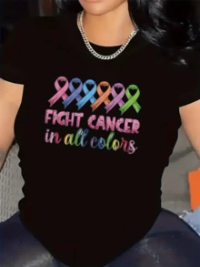 Multicolored Ribbons Symbolize Hope And Unity In The Fight Against Cancer, Conveying Strength, Optimism, And Love. Comfortable, Modern, And Casual Women's T-Shirt - 黑色 - 查看 1