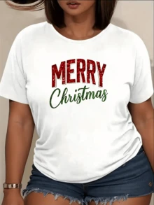Festive Message Conveying Joy And Good Wishes With Bright Red And Green Lettering That Evokes The Spirit Of Christmas. Casual Women's T-Shirt For Celebrations And Days Off. - 白色 - 查看 1
