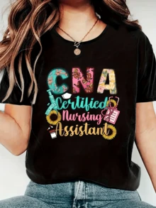 With Colorful Lettering Celebrating The Work Of Nursing Assistants, Floral Motifs (Sunflowers), And Medical Symbols Conveying Joy And Dedication, This Women's Casual, Comfortable, And Modern T-Shirt Is Perfect For Everyday Wear. - 黑色 - 查看 6