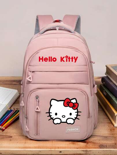 SANRIO 1个Hello Kitty旅行背包，女士多口袋尼龙日用背包，大容量休闲包，适合徒步旅行、露营和日常使用，大容量旅行背包，轻便防水尼龙包，带多个隔层，女士款