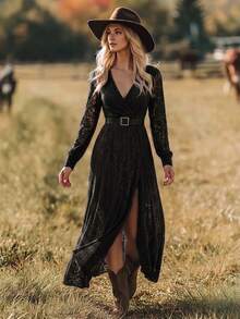 Black Lace Women's Long Dress, Summer Elegant Sexy V-Neck Lace Sheer Split Waist Belt Women's Dress - Black - View 5