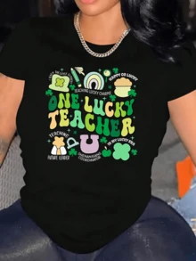 Symbols Of Good Fortune Surrounding Four-Leaf Clovers, Rainbows, And Amulets That Transmit Luck And Positive Energy-Ideal For Optimistic Teachers With A Cheerful Spirit. Modern Casual Women's T-Shirt - 黑色 - 查看 6