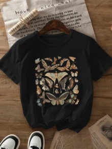 A Collection Of Colorful Butterflies Symbolizing Freedom, Transformation, And Natural Beauty, With Artistic Details That Evoke A Connection With Nature. A Modern, Comfortable, Casual Women's T-Shirt For Everyday Wear. - 黑色 - 查看 1