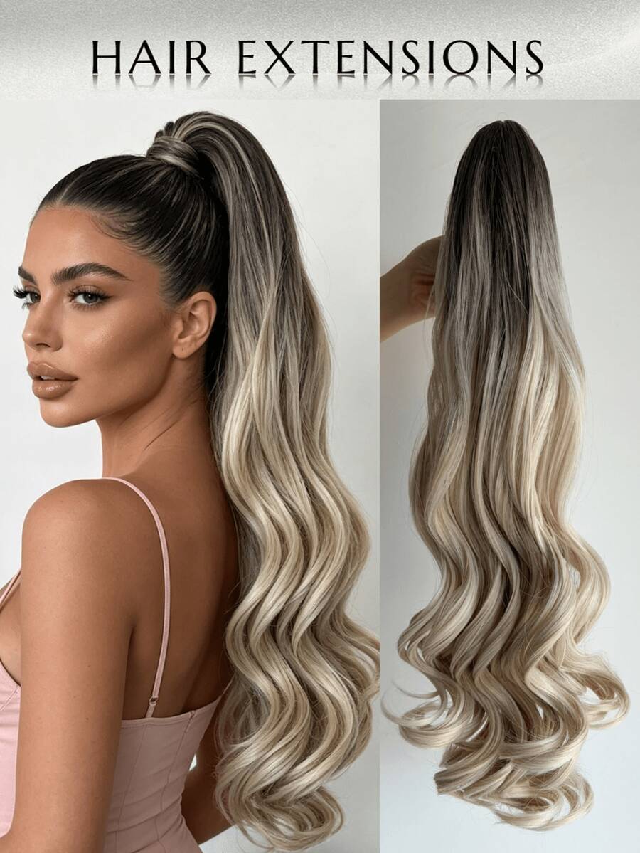 Ekstensi Rambut Ekor Kuda Wanita WaveTrip, Bundel Rambut Panjang Keriting Bergelombang dan Lurus, Ekor Kuda Berlapis 24 Inci dengan Jepitan, Cocok untuk Pesta, Gaya Rambut Bergelombang dan Pemakaian Sehari-hari - Ombre pirang - View 1